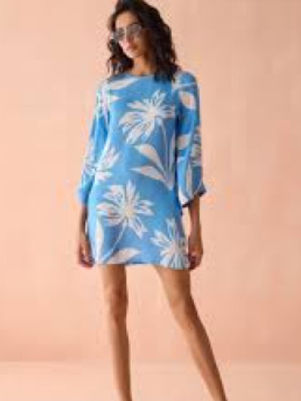 Island Company Sky Blue & White Floral Linen Tunic Dress Size Medium